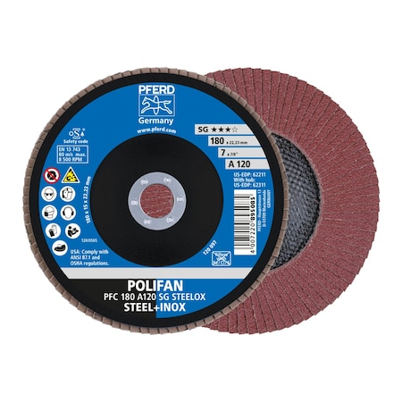 Pferd Tools 7" x 7/8" A.H. POLIFAN Flap Disc - A SG STEELOX, Aluminum oxide, 120 Grit, Conical 62211